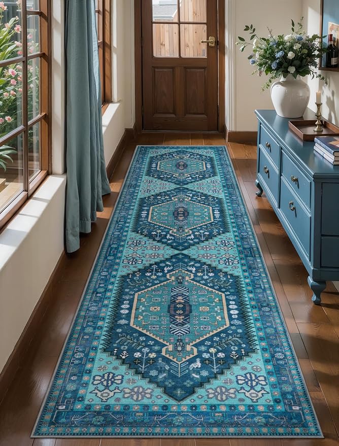 Ciicool Long Washable Runners Area Rug for Hallways,Ultra Soft 2x8ft Carpet | Oriental Non-Slip Teal Indoor Mat Vintage Entry Rugs for Kitchen Entryway Bedroom Bedside Living Room Laundry Bathroom Decor