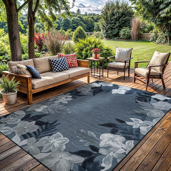 Outdoor Rug 8x10 Washable Area Rugs Indoor Outdoor Carpets Navy Border Floral Non Shedding Waterproof Easy Clean Patio Deck Porch Living Room Bedroom Garden RV (8 X 10 Navy)