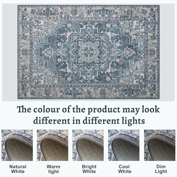 Tangsoo Vintage 5x7 Washable Area Rugs for Living Room, Indoor Non Slip Rug | Boho Indoor Large Area Rugs,Farmhouse Print Carpet, Oriental Soft Low Pile Floor Rugs for Bedroom Dining Room Blue Home Decor