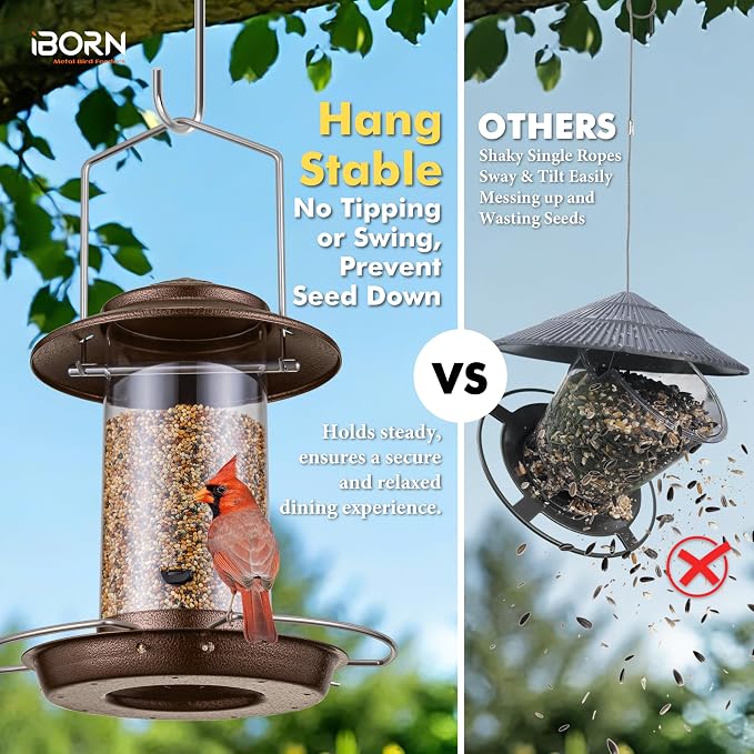 iBorn Bird Feeder Metal Squirrel Chew Proof Bird Feeders for Outdoors Hanging Outside for Cardinal, Holds 1.32LB Seed with 3 Perchs, Brushed Coffee (Seed is not Included)
