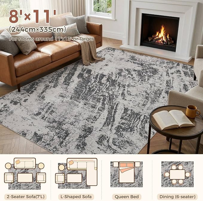 DMOYEST 8x11 Area Rug for Living Room Washable Abstract Indoor Carpet | Neutral Modern Low Pile Rugs Kid & Pet Friendly Large Soft Thin Carpet for Bedroom Dining Room and Office - Light Black