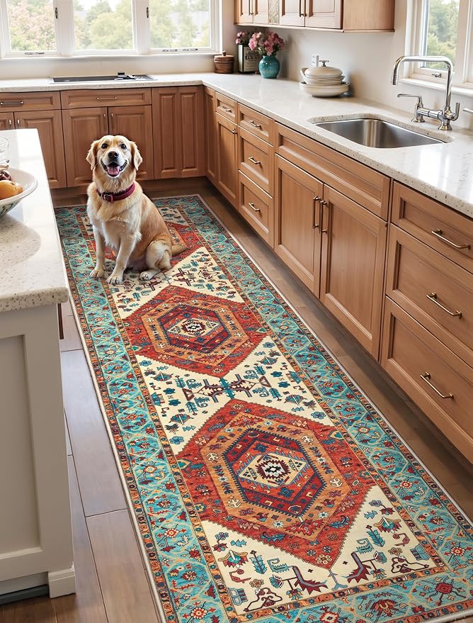 SERISSA 3x10 Washable Non Slip Boho Runner Rug for Hallway，Orange | Ultra Soft Vintage Oriental Carpet Low-Pile Tribal Floor Carpet for Stair Kitchen Bedroom Bathroom Laundry Room