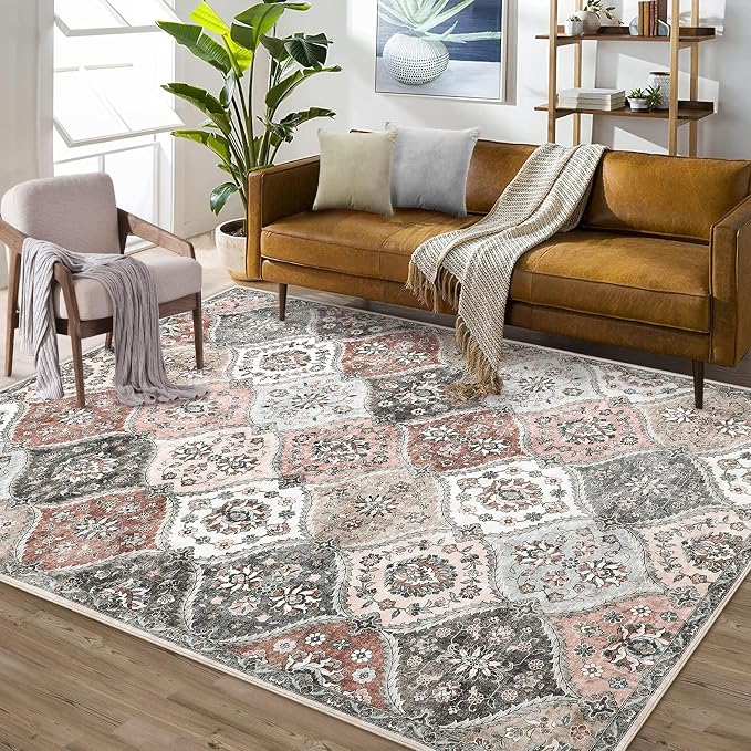 ROYHOME 8x10 Area Rug Moroccan Trellis Machine Washable Rug, Pink/Grey | Vintage Medallion Distressed Indoor Accent Rug Stain Resistant Non-Slip Floor Cover Carpet for Living Room Bedroom