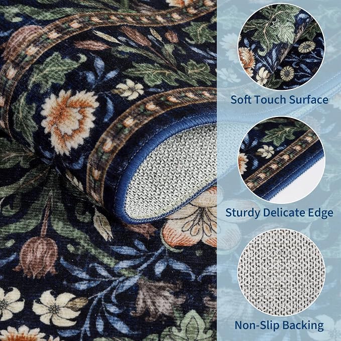 GarveeHome Washable Area Rug 6x9, Soft Vintage Floral Bedroom Rug Non Slip Low Pile Forest Green Carpet Stain Resistant Retro Navy Throw Rug for Bedside Kids Room Office Dining Room