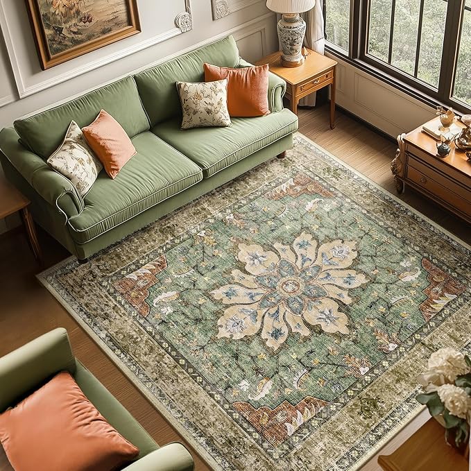 RELEANY Washable Area Rug, Square 6'x6', Brick/Brown/Green | Non-Slip, Water Repellent, Pet Friendly, Easy to Clean, Vintage Floral Boho Decor for Living Room Bedroom Dining Room Office