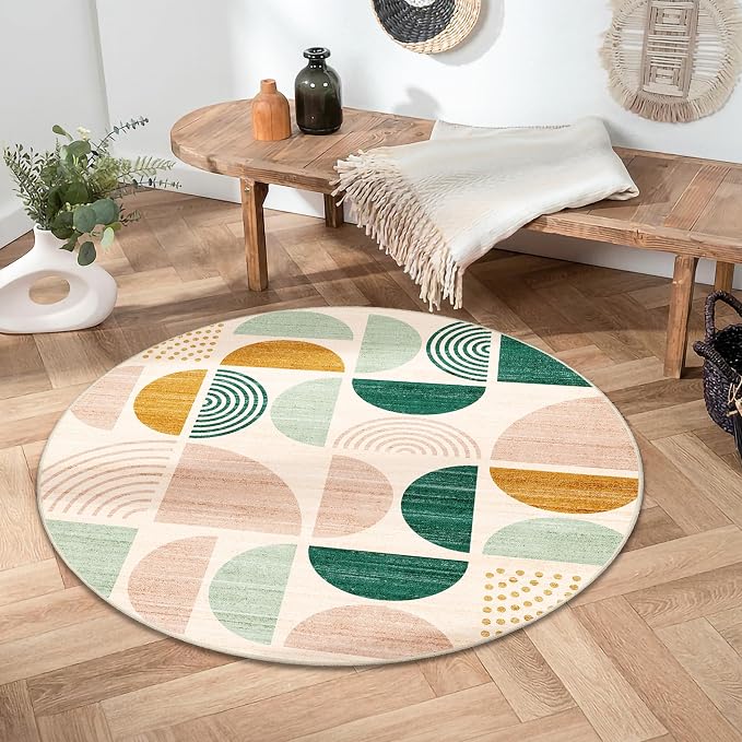 Round Rug 4ft Small Circle Area Rug Washable Non Slip Modern Abstract | Circular Rugs for Entryway Bedroom Kitchen Boho Throw Carpet Soft Low Pile Floor Indoor Bohemian Sage Green