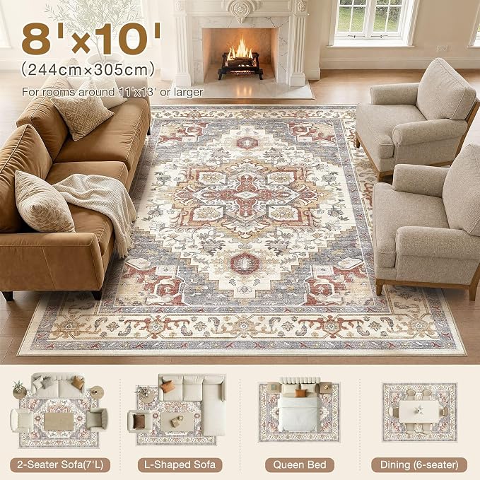 DTICON Vintage Washable 8x10 Area Rug Living Room Rugs, Orange Gray | Boho Distressed, Pet & Kid Friendly, Non-Slip Backing, Soft Polyester, Low-pile Carpet for Living Room, Bedroom, Dining Room