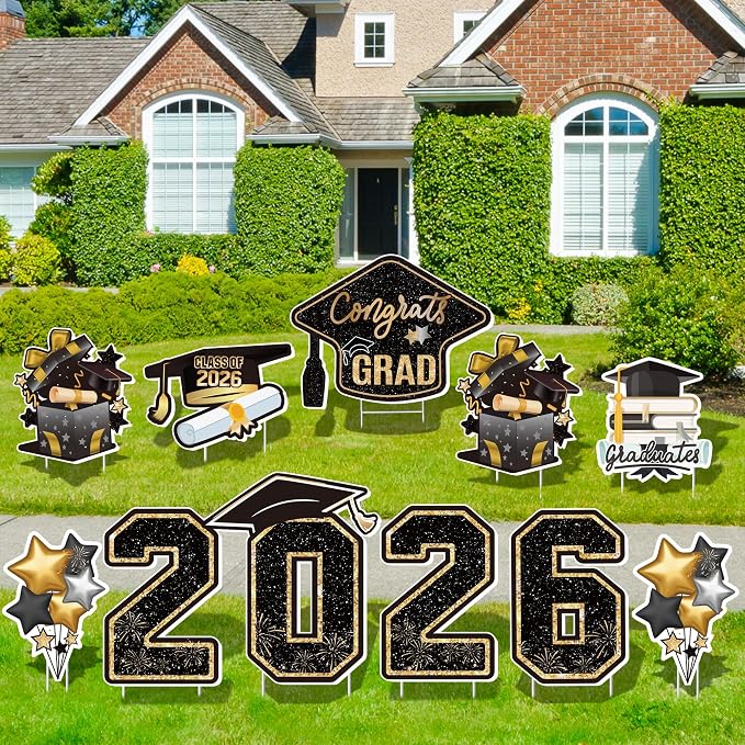 Large 11 PCS Graduation Yard Signs, Class of 2026 Congrats Grad Outdoor Lawn Yard Sign with Stakes, Graduate Yard Decorations for College High School Party, Black and Gold