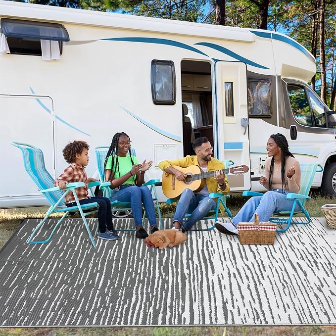 Garvee Modern Outdoor Rug 9x12 Patio Waterproof, Neutral Striped Plastic Straw Rug, Foldable Camping Rugs for Outside Your RV, Reversible UV Resistant Mats for Backyard, Picnic, Porch, Beach, Grey