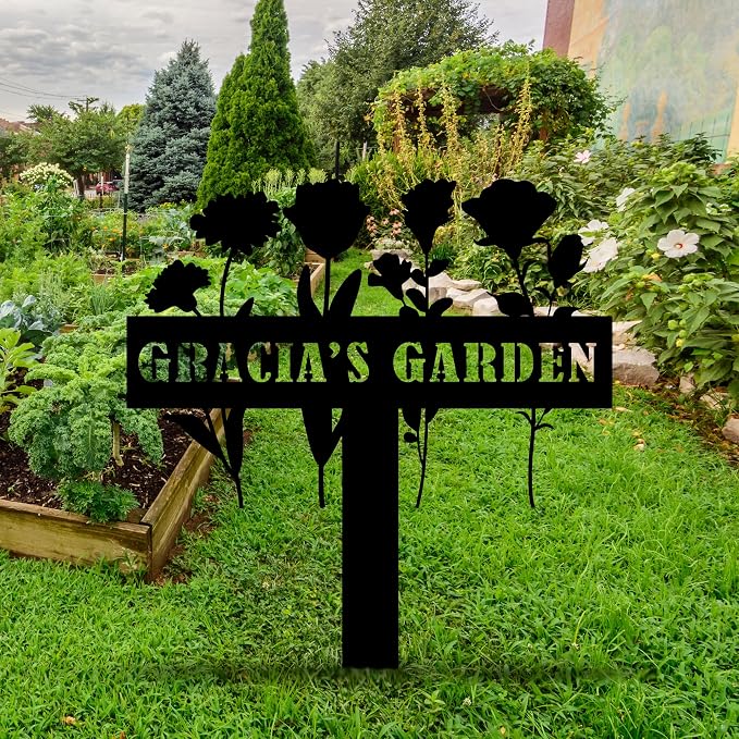 Personalized Flowers Garden Sign with Stakes, Customized Metal Sign for Outdoor, Custom Flowers Metal Garden Decor, Sign for Flower Beds, Metal Yard Art, Patio Garden Decorations, Housewarming Gift