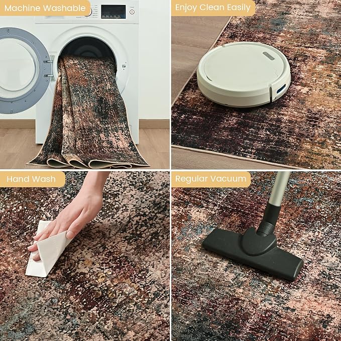 Toneed Washable 5x7 Area Rug with Non-Slip Backing for Living Room | Abstract Modern Rugs, Soft Low Pile Carpet for Bedroom Kitchen Dining Room Nursery Indoor Floor Home Decor, Dark Earthy Tone