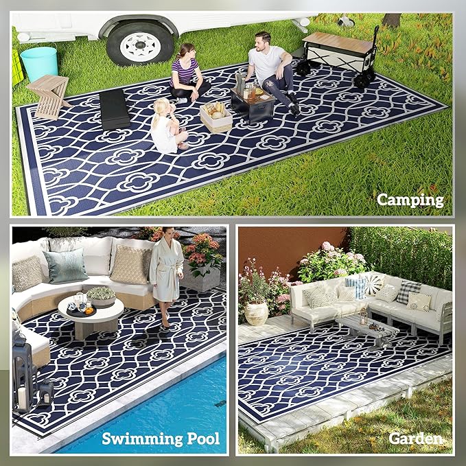 Outsunny Outdoor Rug for Patio, 9' x 18' Waterproof Large Mat, Reversible Plastic Straw Rug for Decor, Portable Outside RV Camping Area Carpet Mat for Backyard Porch Deck Picnic, Blue & White Lantern