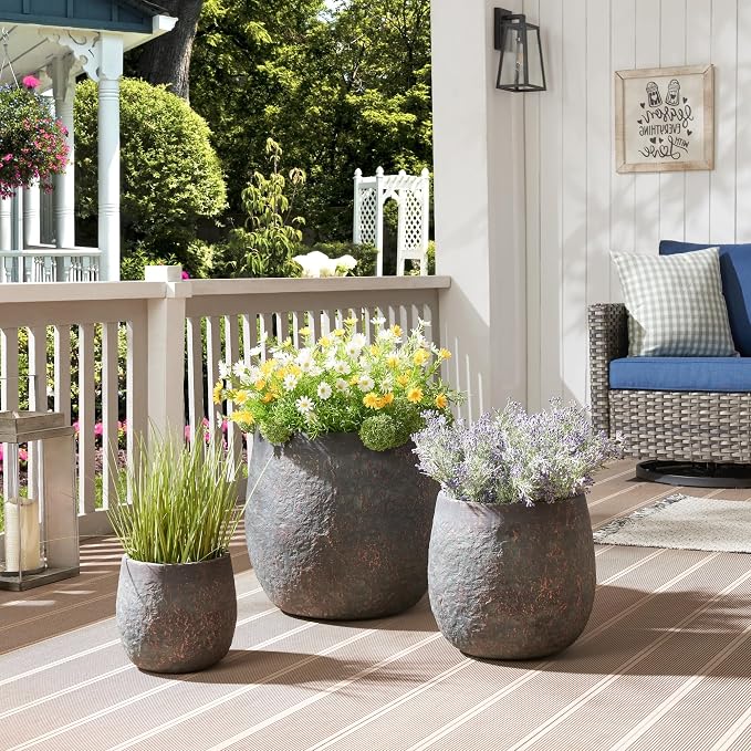 Wallowa Large Outdoor Planter, 17.32"+12.99"+9.06" Dia Round Weathered Concrete Planter Set of 3, Flower Pots with Drainage Holes, Sealing Plug for Garden, Patio, Home, Office, Greenish Bronze Rust