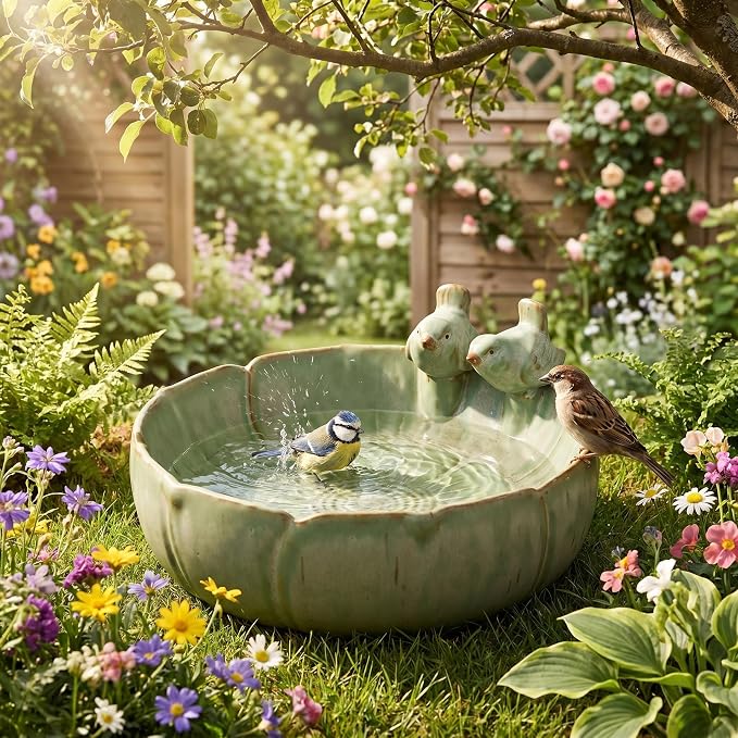 Ceramic Bird Bath for Outdoors, 8.1" Garden Bird Bath Bowl, Tabletop or Ground Birdbath Dish, Weather Resistant Bird Water Bowl for Patio, Balcony, Lawn & Garden