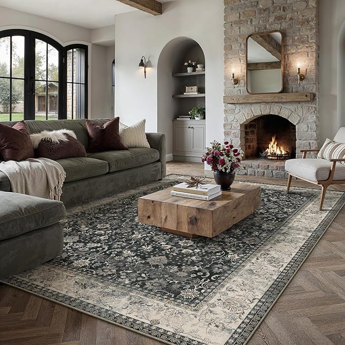 HUGEAR 6x9 Machine Washable Rugs Black Beige Hallway Large Area Rug Indoor Accent Rug Floral Low Pile Carpet Soft Throw Aesthetic Rug Bedroom Living Room Office Dining Room Laundry Room