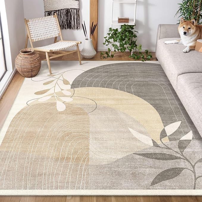 5x7 Area Rugs Washable Low Pile Non Slip Mid Century Modern Large | Machine Washable Throw Carpet for Living Room Bedroom Office Dining Room Boho Abstract Retro Geometric Neutral Beige