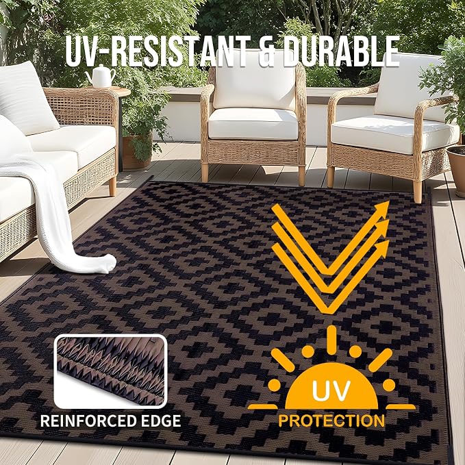 OLANLY Waterproof Outdoor Rug 8x10 ft, Outdoor Plastic Straw Rug for Camping, RV Mat Outside, Outdoor Carpet for Porch, Deck, Backyard, Balcony, Picnic, Black & Brown