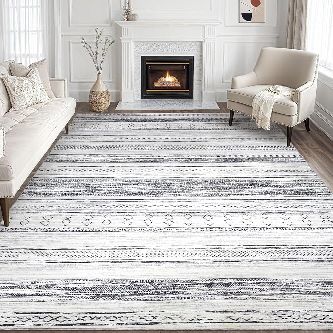 Tortania Area Rug Living Room Rugs - 8x10 Washable Large Soft Neutral Boho Moroccan Bohemian Farmhouse Rug Indoor Floor Carpet for Bedroom Under Dining Table Home Office Decor - Grey