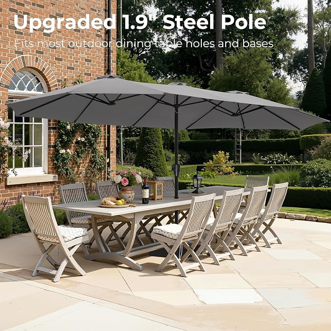 SUPERJARE 15FT Outdoor Patio Umbrella with Base Included, Double Sided Pool Umbrellas with Fade Resistant Canopy, Extra-Large Table Umbrella for Deck, Market, Backyard, Gray