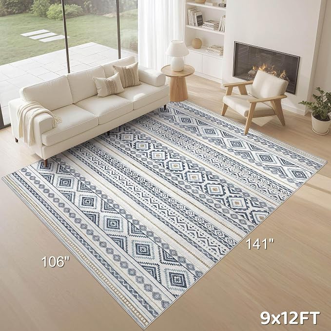 cotiled Boho 9x12 Area Rug for Living Room: Large Moroccan Washable Rug | Solve Modern Neutral Trendy Home Decor - Stain Resistan Carpet for Bedroom Farmhouse Dining Room Blue