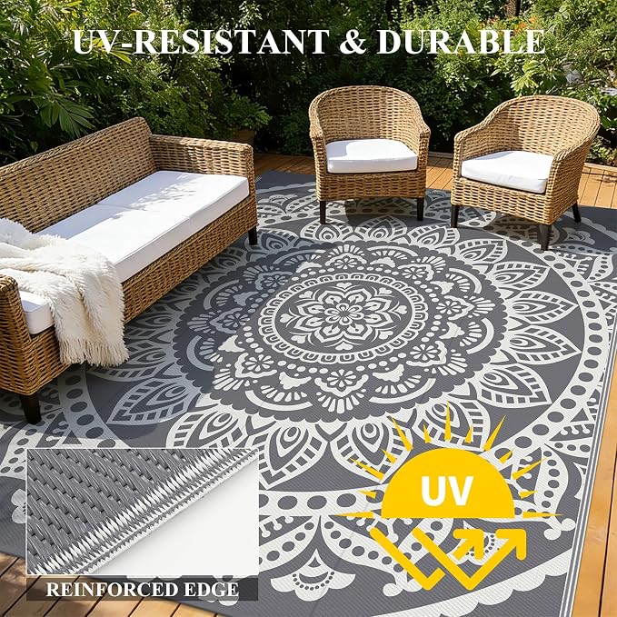 Bsmathom Waterproof Outdoor Rug 9x12 ft Large Reversible Boho Plastic Straw Patio Deck Camping Rugs, Indoor Outdoor Portable RV Mat Carpet for Outside, Porch, Balcony, Backyard, Beach, Pool,Grey