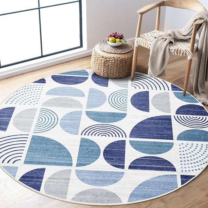 Round Rugs 5ft,Circle Area Rug Washable Non Slip Modern Abstract | Circular Rugs for Bedroom Living Room Dining Room Boho Throw Carpet Soft Low Pile Floor Indoor Bohemian Navy Blue