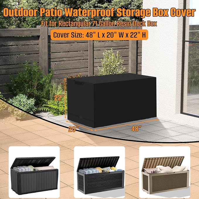 Kovshuiwe Outdoor Deck Box Cover, 600D Heavy-Duty Waterproof Oxford Cloth | Patio Deck Bin Container Boxes Covers Waterproof for 71 Gallon Patio Storage Bench Cover, Black(48" L x 20" W x 22" H)