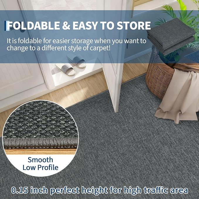 Garvee Large Washable Rug 9x12 Modern Solid Rugs for Living Room Charcoal | Non Slip Woven Textured Bedroom Rug Ultra-Thin Non-Shedding Farmhouse Carpet Neutral Foldable Throw Rugs for Bedroom Office