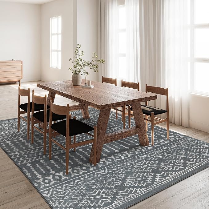Art&Tuft 3x5 Area Rug Non Slip, Moroccan Thin Washable Entryway Rug, Grey | Low Pile, Soft & Lighweight, Folable, Stain Resistant Small Indoor Carpet Rug for Living Room, Kitchen, Entrance, Doormat