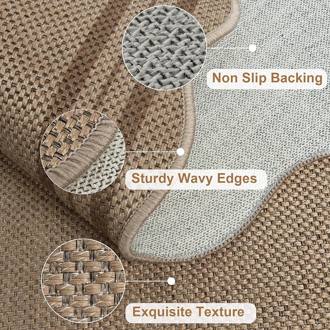 Scalloped 5x7 Rug for Living Room, Easy Jute Washable Outdoor Patio Carpet, Farmhouse Indoor Brown Geometric Rug Neutral Non Slip Carpet for Living Room Backyard