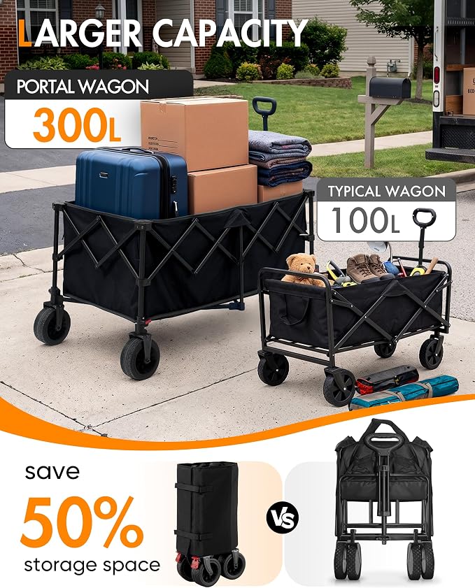 Portal Collapsible Wagon Cart, Foldable Wagon with Big Wheels, 300L Extra Large Wagon,18.7lbs Lightweight Utility Wagon, Heavy Duty Wagon for Beach, Camping, Sports, Garden Black