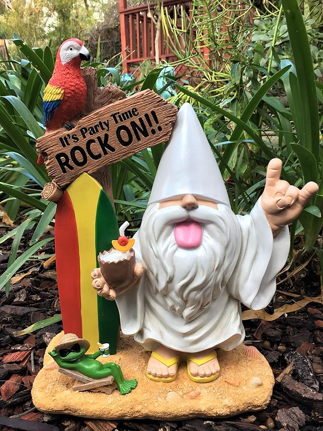 GlitZGlam Rocker Gnome – “George” and Fred The Frog - “It’s Party Time - Rock-On!” -This Gnome Brings Rock and Roll to Your Fairy Garden. A Large 13.75 Inches Tall Garden Gnome Miniature Figurine
