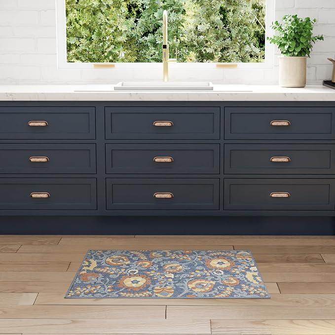 Nourison Home Aloha Blue Rose 2'8" x 4' Area Rug - Easy Clean, Non Shedding, Bed Room, Living Room, Dining Room, Kitchen (3' x 4')