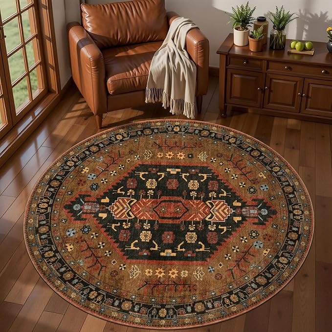 Ciicool 4ft Round Area Rug for Entryway,Washable Soft Circle for Kitchen | Vintage Non-Slip Low-Pile Oriental Indoor Mat Soft Boho Entry Carpet for Bedside Living Room Laundry Bathroom Dining Room