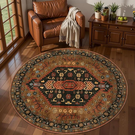 Ciicool 4ft Round Area Rug for Entryway,Washable Soft Circle for Kitchen | Vintage Non-Slip Low-Pile Oriental Indoor Mat Soft Boho Entry Carpet for Bedside Living Room Laundry Bathroom Dining Room