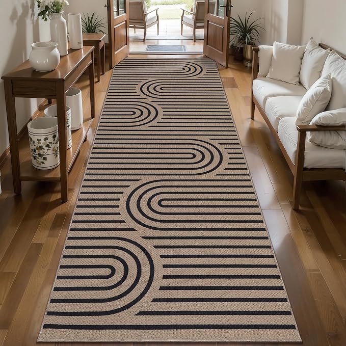 Tangsoo Modern Easy Jute 2.6x10 Washable Runner Rug for Hallways,Brown Non-Slip Thin Outdoor Rug Runner,Farmhouse Long Floor Carpet Runner for Kitchen Laundry Bedroom Living Room