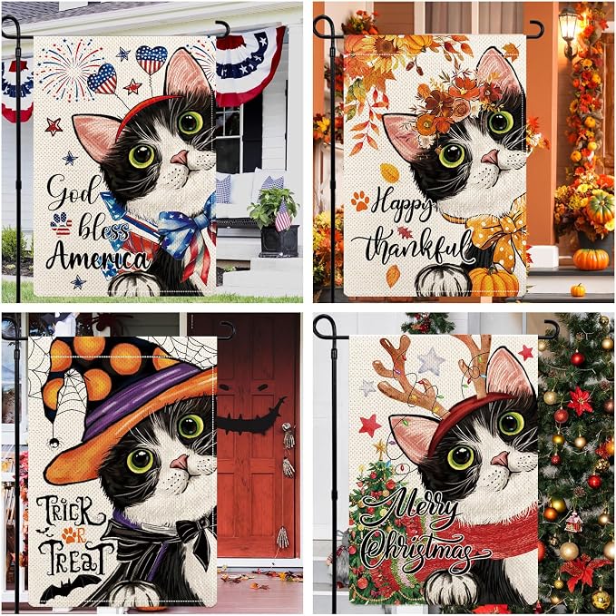 Cute Black Cat Garden Flags for Outside Set of 12, Welcome Seasonal Garden Flags 12x18 Double Sided, Kitten Yard Flags for All Seasons and Holidays, Winter Spring Yard Flag for Holiday Decor