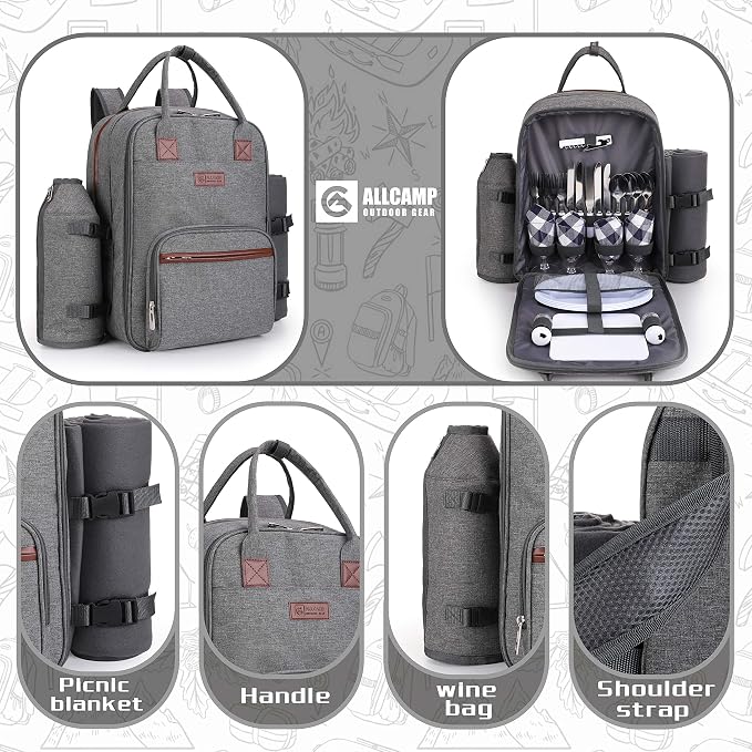 ALLCAMP OUTDOOR GEAR Picnic Backpack for 4 Person W/ Detachable Wine Holder, Insulated Food Compartment and Picnic Cutlery for Family Outdoor Camping and Gift (Grey)