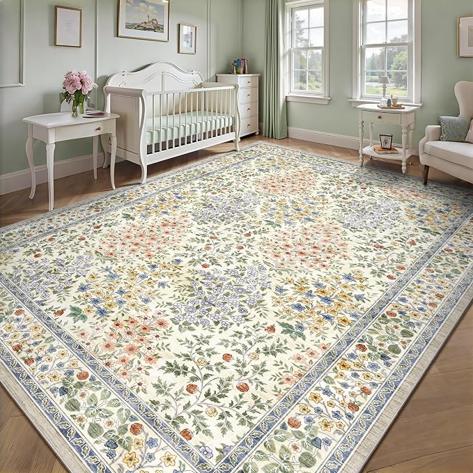 8x10 Area Rugs, Machine Washable Low Pile Floral Rugs for Living Room, Bedroom, Large Boho Area Rug with Non-Slip Backing for Dining Room(Beige Floral)