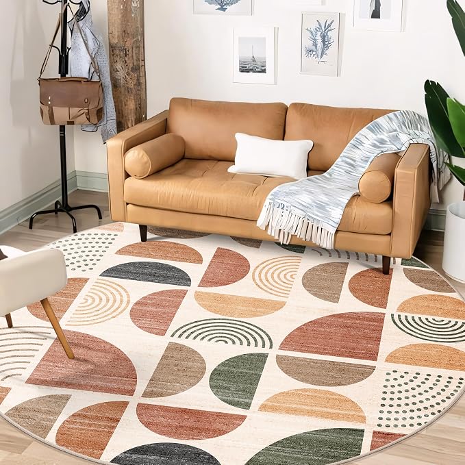 Round Rugs 6ft,Circle Area Rug Washable Non Slip Modern Abstract | Large Circular Rugs for Living Room Dining Room Boho Throw Carpet Soft Low Pile Floor Indoor Bohemian Terracotta