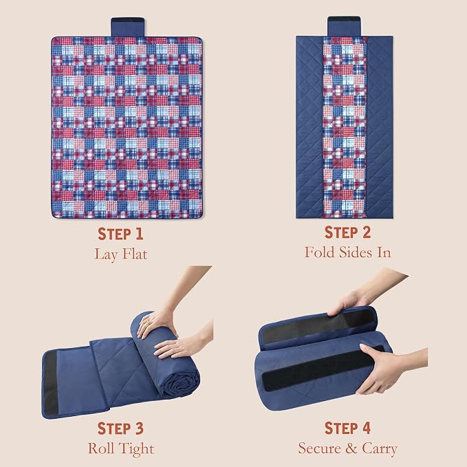 Weatherproof Vintage Waterproof Outdoor Blanket- Blue and Red Roll Up Throw Blanket with Handle, Velcro Closure - Camping Supplies, Travel Blanket for Beach, Picnic & Events, 60"x72" (Madras)
