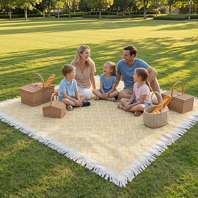 70x70 Bohemian Picnic Mat Extra Large, Sand Proof Outdoor Camping Blanket Machine Washable, Lightweight Portable Travel Tarp for 5-7 Adults Beach Park Grass (Yellow-T-Grid)