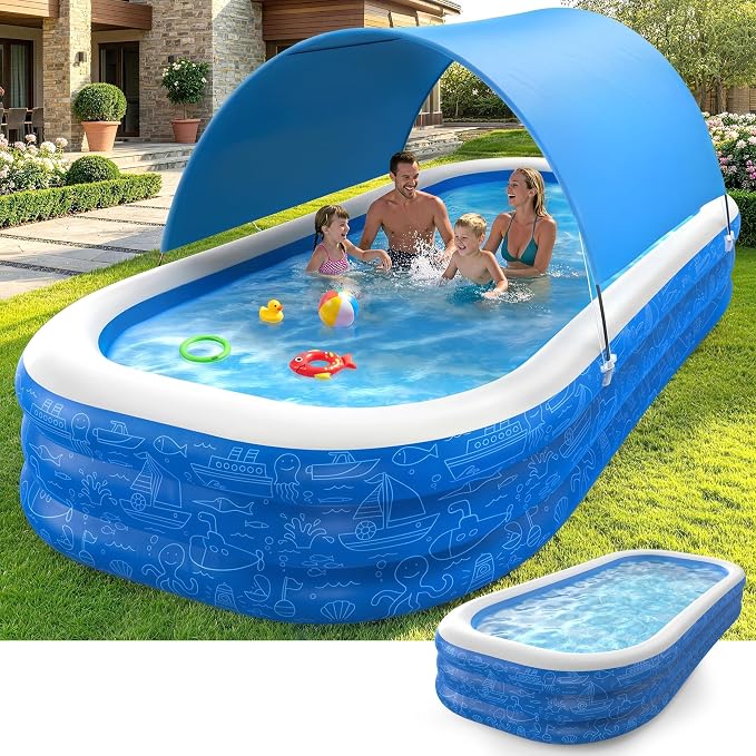 Large Inflatable Swimming Pool with Removable Canopy, 150" x 70" x 20" Full-Sized Kiddie Pool for Kids & Adults, Outdoor Blow-Up Pool with Sun Shade for Backyard & Garden, Durable & Safe, Age 3+