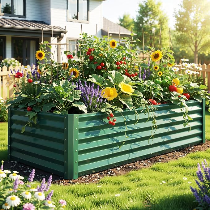 YITAHOME 6x3x1.5ft 2pcs Large Raised Garden Bed Kit, Galvanized Metal Planter Box with Gloves, Support Rod, Outdoor Above Ground Planters for Plants Vegetables Flowers, Green