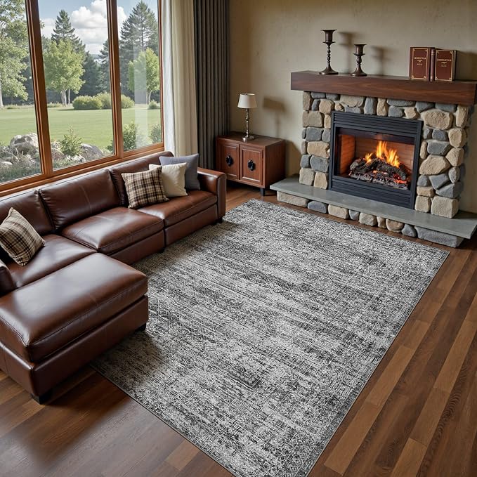 UERMEI 9x12 Area Rug Living Room Rugs - Washable Neutral Modern Abstract Soft Thin Rug Indoor Floor No Slip Rug Carpet for Bedroom Under Dining Table Home Office Decor - Dark Gray