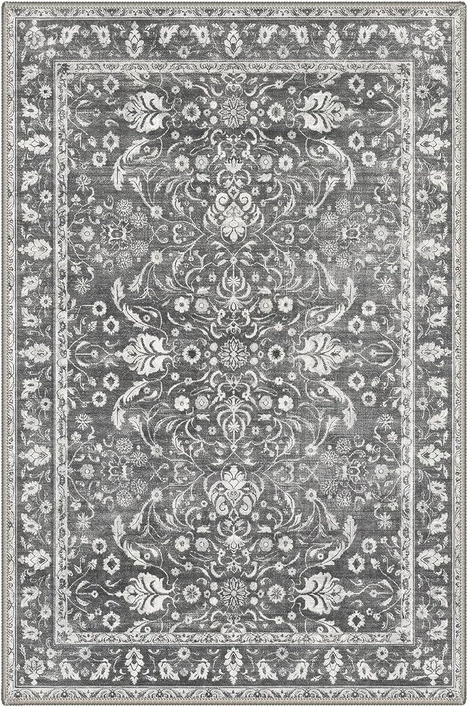 2x3 Doormat, Vintage Floral Washable Non Slip Area Rug for Entrance | Persian Floral Soft Low Pile Boho Rug for Entryway Bedside Kitchen, Stain Resistant Lightweight Easy Care, Charcoal Gray