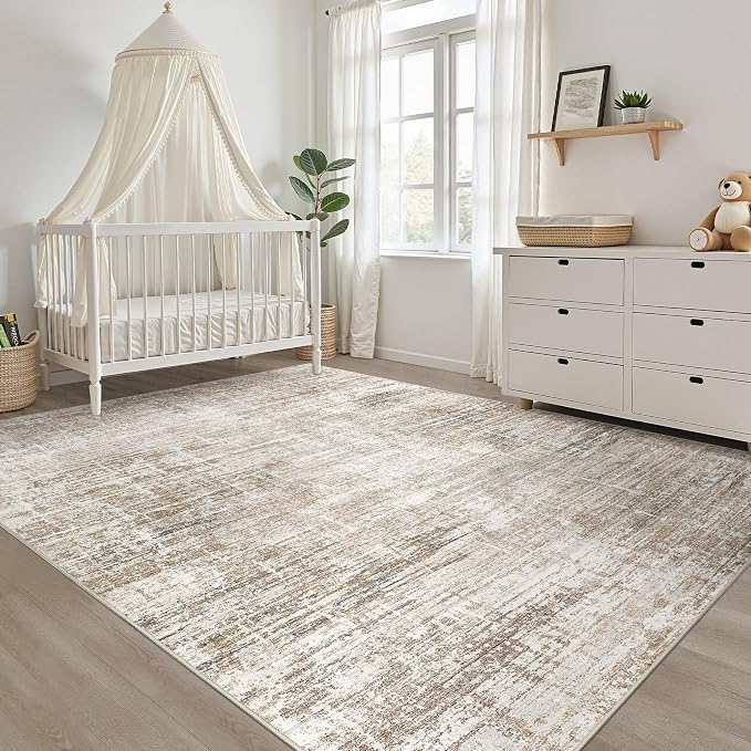 LOONGRUG 9x12 Area Rug Washable Neutral Modern Living Room Rug Dark Brown | Abstract Soft Stain Resistant Indoor Non-Slip Carpet for Bedroom Nursery Kids Office Playroom Dining Room