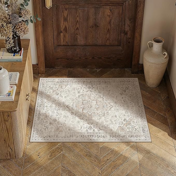 Beige Area Rug 2x3 Entryway Vintage Floral Non-Slip Door Mat | Machine Washable, Soft, Low Pile, Distressed, for Kitchen, Hallway, Bathroom, Retro Neutral Decor
