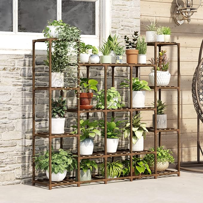 Bamworld Large Plant Shelf Indoor Plant Shelf Outdoor Tall Wood Plant Holder for Living Room Multiple Plants Patio Balcony Garden 17 Pots
