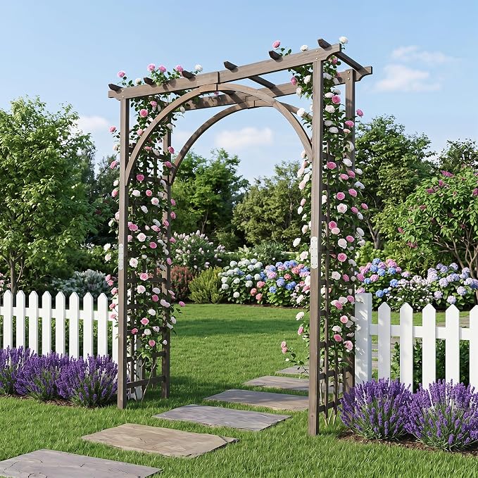 Giantex 85" Garden Arch Trellis, Wood Garden Arbor with Flat Top for Climbing Plants, Roses & Vines, Outdoor Wooden Wedding Arch for Ceremony, Backyard Lawn Patio Garden Entrance Decoration